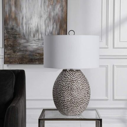 GRAY AND CRACKLED WHITE CERAMIC TABLE LAMP