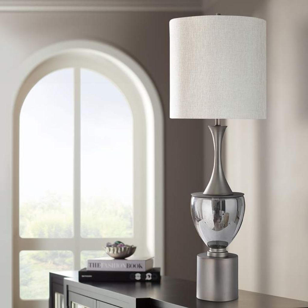 1 SMOKED GLASS MATTE PEWTER METAL TABLE LAMP