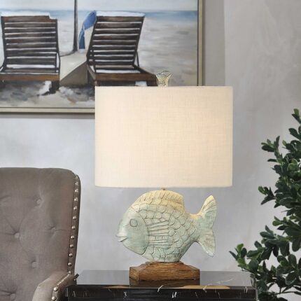 Coastal Fish Table Lamp — resin animal lamp in distressed blue finish, 27" coastal table lamp at Lume Art Gallery