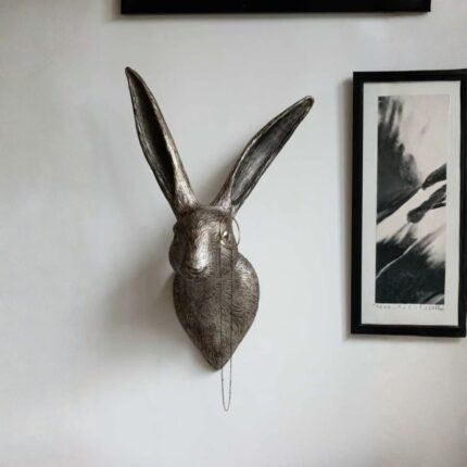 Hare Monocle Wall Art, antique silver polyresin wall art sculpture — quirky animal sculptural wall decor for modern living rooms