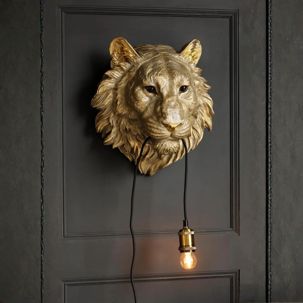 Lion Head Wall Lamp, in aged gold finish — sculptural animal lamp and decorative wall light for living room and hallway Lion Head Wall Lamp, in aged gold finish — sculptural animal lamp and decorative wall light for living room and hallway