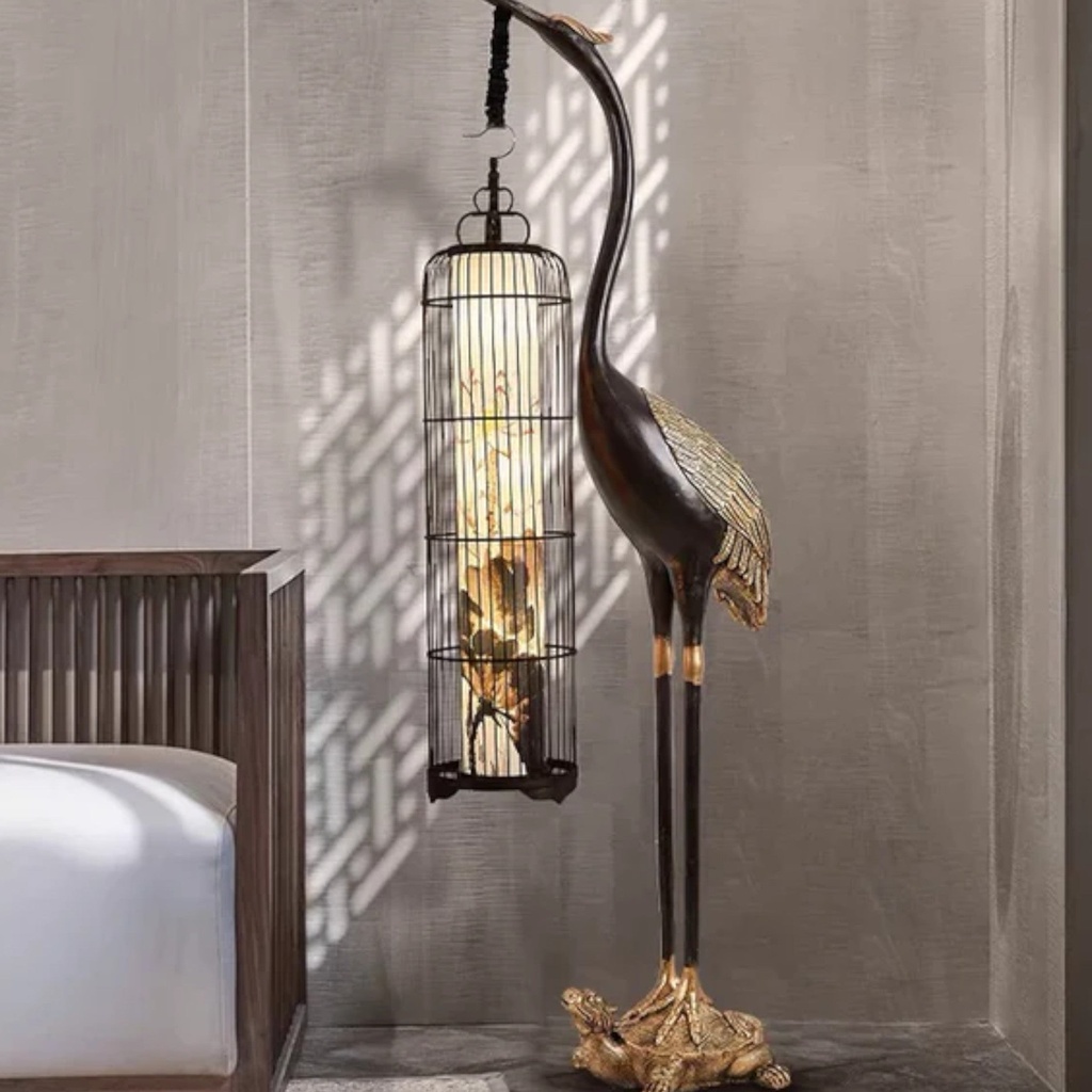Crane Art Sculpture with hanging lantern — bronze-finish bird sculpture and modern animal sculpture for wooden home decor Crane Art Sculpture with hanging lantern — bronze-finish bird sculpture and modern animal sculpture for wooden home decor