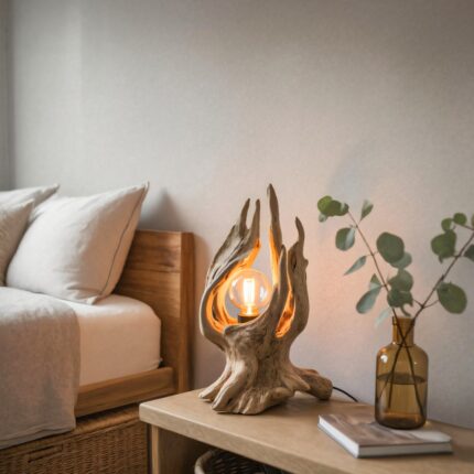RUSTIC DRIFTWOOD TABLE LAMP WITH EXPOSED BULB