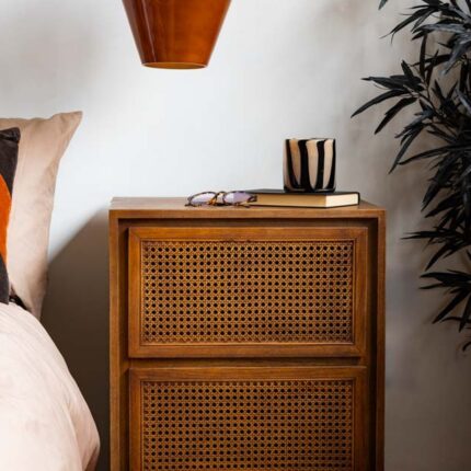MID CENTURY RATTAN BEDSIDE TABLE