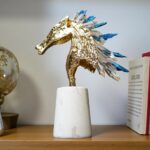 Crystal Horse Sculpture, in metallic gold and prism crystal finish on marble base — modern animal sculpture and art sculpture for luxury home decor, available for sale at Lume Art Gallery