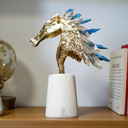Crystal Horse Sculpture, in metallic gold and prism crystal finish on marble base — modern animal sculpture and art sculpture for luxury home decor, available for sale at Lume Art Gallery