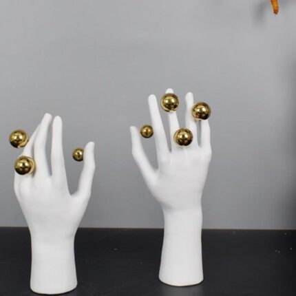 Abstract hand sculpture, in white with gold globe baubles — sculptures for sale at Lume Art Gallery