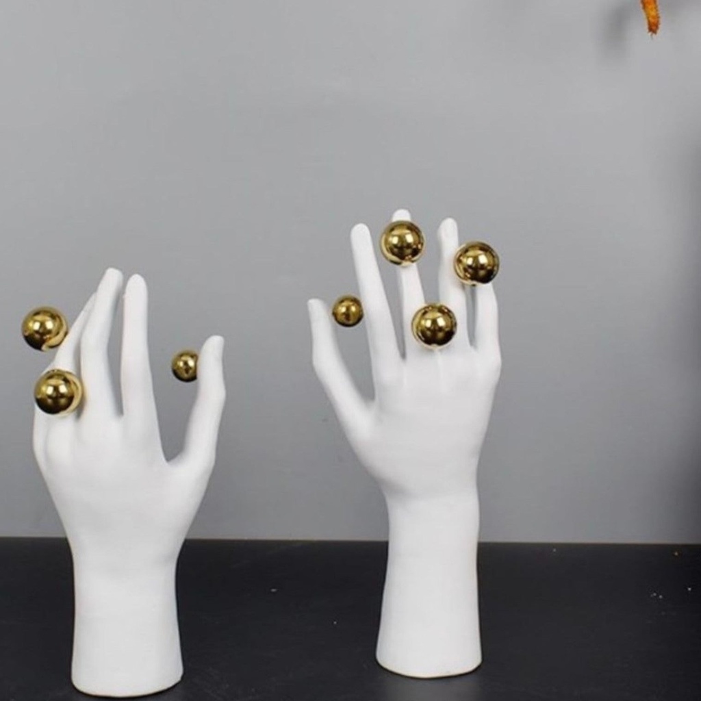 Abstract hand sculpture, in white with gold globe baubles — sculptures for sale at Lume Art Gallery Abstract hand sculpture, in white with gold globe baubles — sculptures for sale at Lume Art Gallery