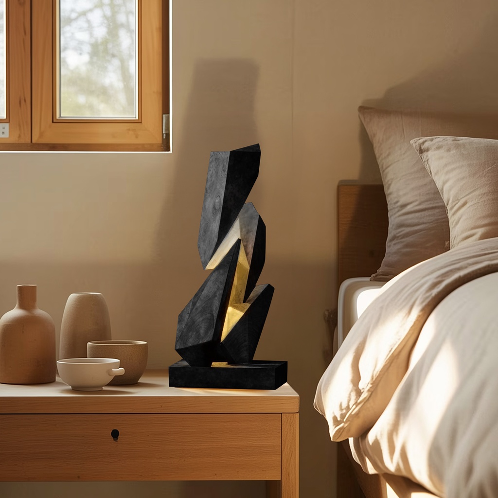 Black table lamp with dark textured finish and golden interior – handcrafted wood table lamp for living room, bedroom and entryway decor at Lume Art Gallery. Black table lamp with dark textured finish and golden interior – handcrafted wood table lamp for living room, bedroom and entryway decor at Lume Art Gallery.