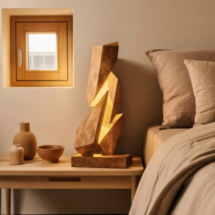 Wooden table lamp with natural wood base and warm glow – handcrafted wood table lamp for living room and bedroom decor at Lume Art Gallery