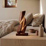 Walnut wood table lamp with geometric solid wood design and natural finish – available in three sizes