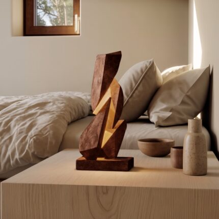 Walnut wood table lamp with geometric solid wood design and natural finish – available in three sizes