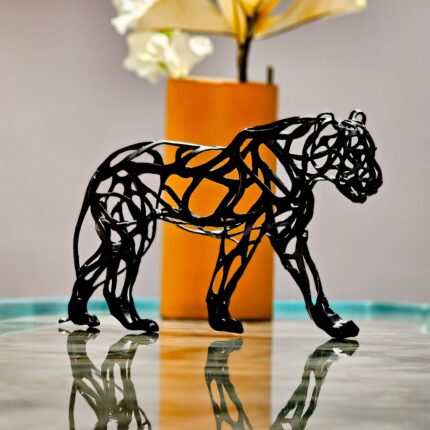 Black Panther Action Figure in black resin finish — modern art sculpture and animal sculpture for luxury home decor, available as an art sculpture for sale at Lume Art Gallery