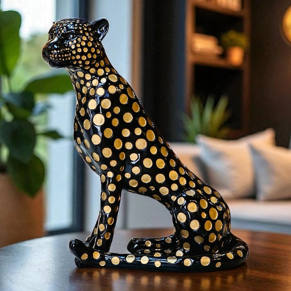 Golden Leopard Art Sculpture in black and gold resin finish — modern animal sculpture for home decor, available as an art sculpture for sale at Lume Art Gallery Golden Leopard Art Sculpture in black and gold resin finish — modern animal sculpture for home decor, available as an art sculpture for sale at Lume Art Gallery