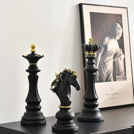 Grandmaster Elegance Chess - art sculptures in black and gold resin King, Queen and Horse sculpture set for home decor display