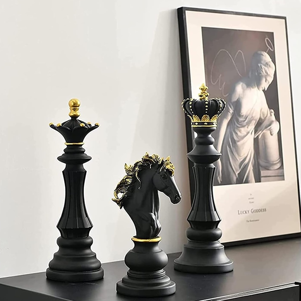 Grandmaster Elegance Chess - art sculptures in black and gold resin King, Queen and Horse sculpture set for home decor display Grandmaster Elegance Chess - art sculptures in black and gold resin King, Queen and Horse sculpture set for home decor display