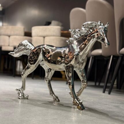 Silver Horse Sculpture - handcrafted silver resin animal sculpture of a galloping stallion, ideal as a luxury home decor piece from Lume Art Gallery