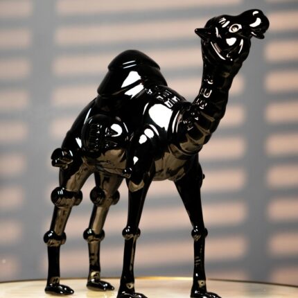 Black Camel Art Sculpture — glossy black resin animal sculpture in a modern avant-garde design, available as a single piece or set of two | Lume Art Gallery