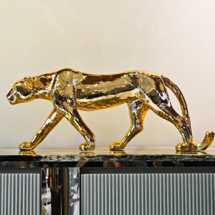 Golden Panther Art Sculpture — luxury black panther animal sculpture in metallic resin with golden mosaic finish, modern art sculpture for home decor