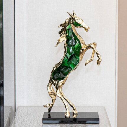 Horse Sculpture - handcrafted metal and green crystal animal sculpture with golden frame, ideal as a modern floor sculpture or statement home decor piece from Lume Art Gallery