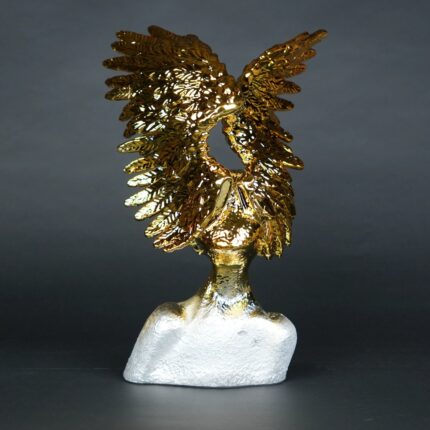 Golden Phoenix Burst – gold and silver resin bird sculpture, modern art sculpture for home decor, 52cm tall, available as sculpture for sale at Lume Art Gallery