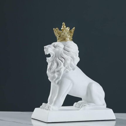 White Lion Sculpture — ivory white resin animal sculpture with gold crown, 32cm premium art sculpture for luxury home decor