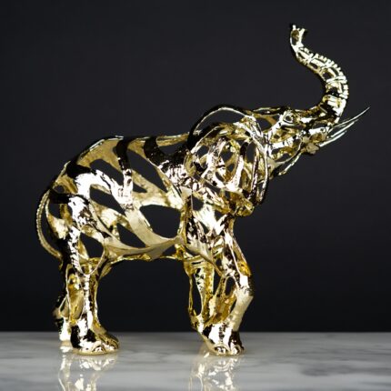 Gilded Elephant Sculpture, in gold iron with intricate openwork design — premium animal sculpture and art sculpture for home décor by Lume Art Gallery