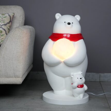 Polar Bear Floor Lamp – white and red resin polar bear modern floor sculpture with warm ambient glow, premium animal sculpture for home decor