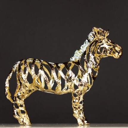 Gold Zebra Sculpture, in iron with intricate openwork design — luxury animal sculpture and art sculpture for home décor by Lume Art Gallery