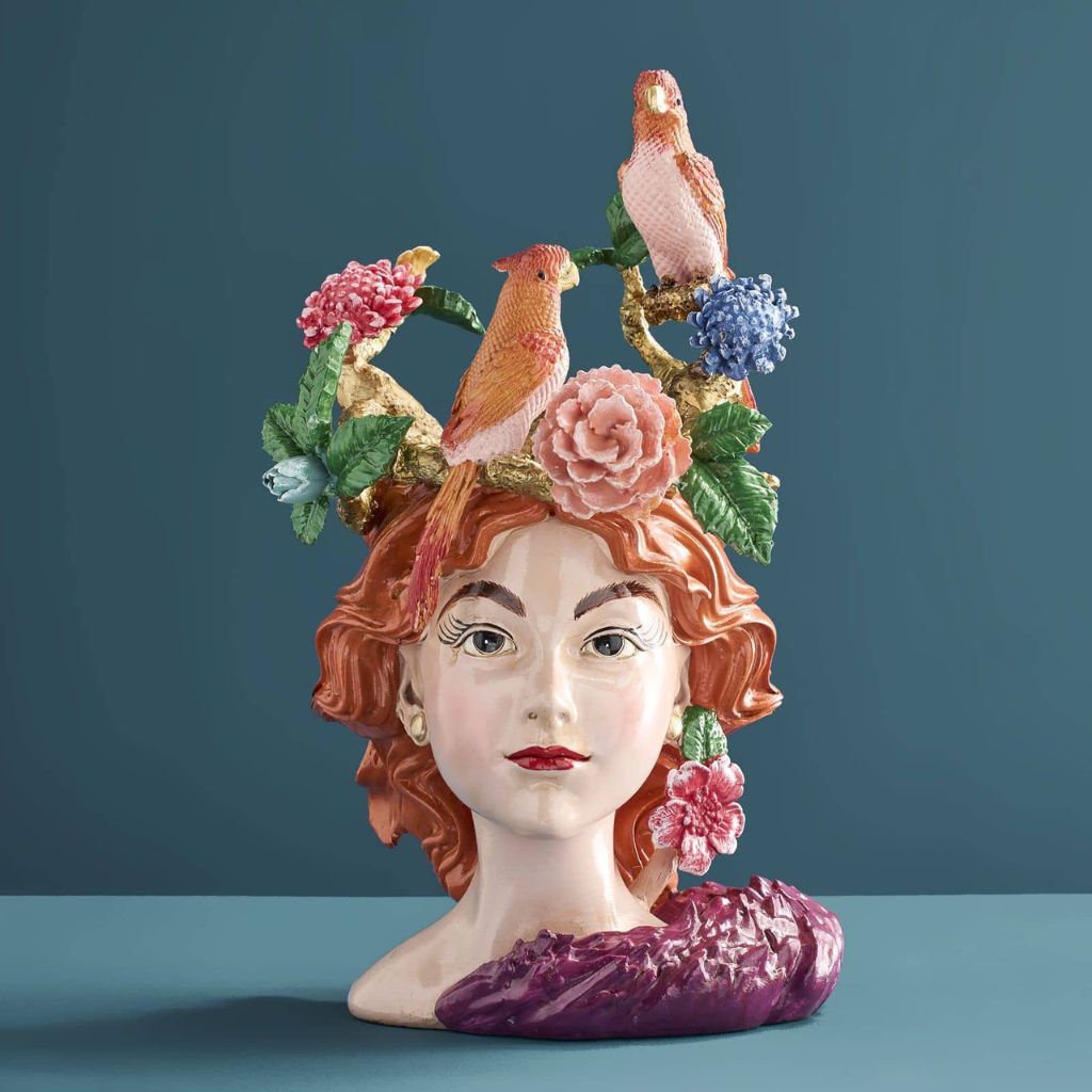 Vase Woman's Head with Parrots Bird Sculpture Vase Woman's Head with Parrots Bird Sculpture