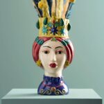 Sicilian Female Bust / Decorative Vase Letizia Red-Yellow Hand-Painted Art Sculptures
