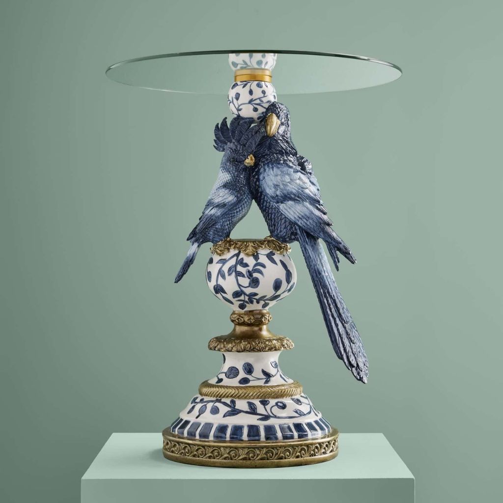 Side Table with Blue Parrots Bird Sculpture Side Table with Blue Parrots Bird Sculpture