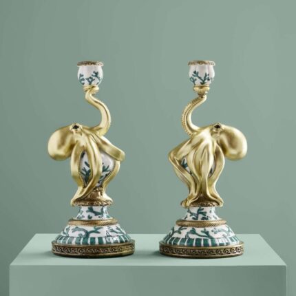 Set of 2 Otto Octopus Candle Holders Turquoise-White-Gold Art Sculptures