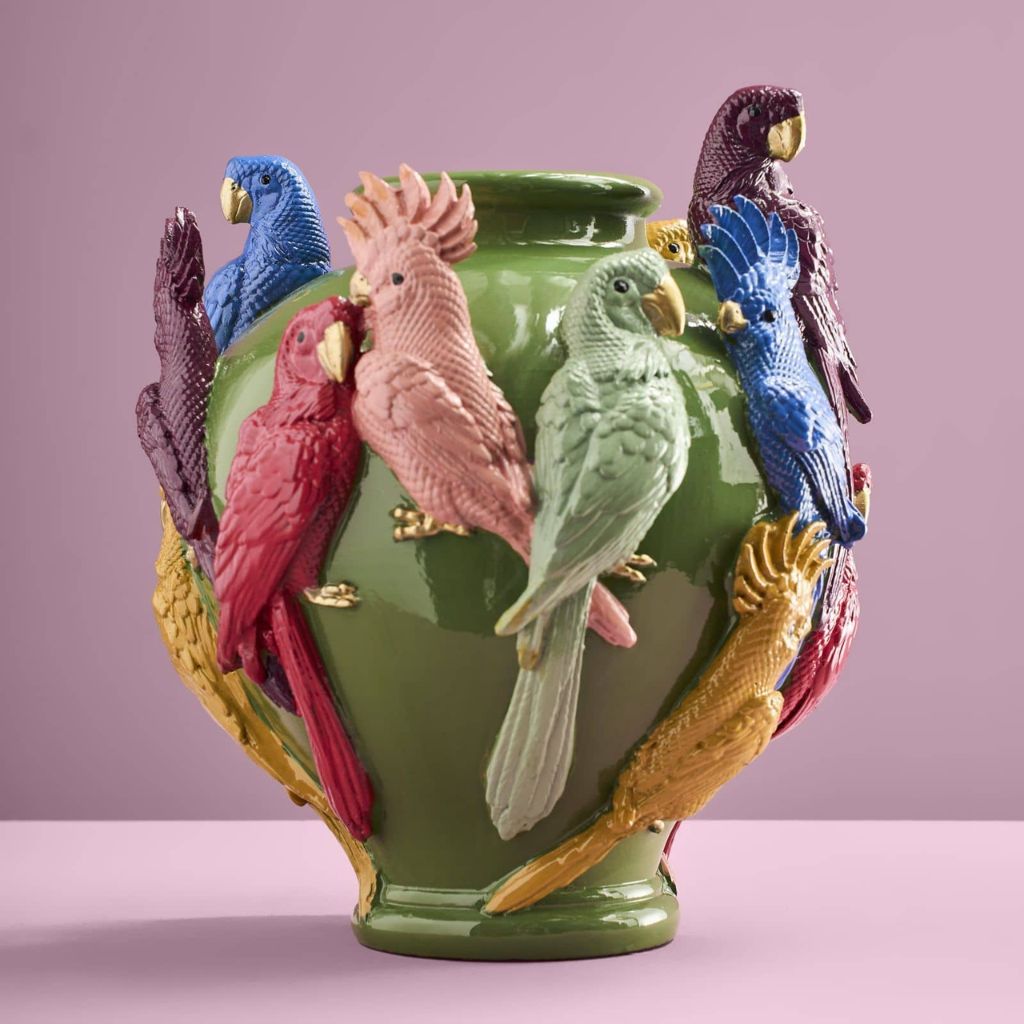 Vase with Parrots Green Bird Sculpture Vase with Parrots Green Bird Sculpture