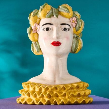 Sicilian Female Bust Decorative Vase Lady Lemon Yellow-Green Hand-Painted Art Sculptures