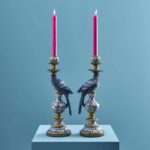 Set of 2 Parrot Candle Holders Blue Art Sculptures