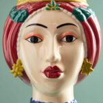 Sicilian Female Bust / Decorative Vase Letizia Red-Yellow Hand-Painted Art Sculptures