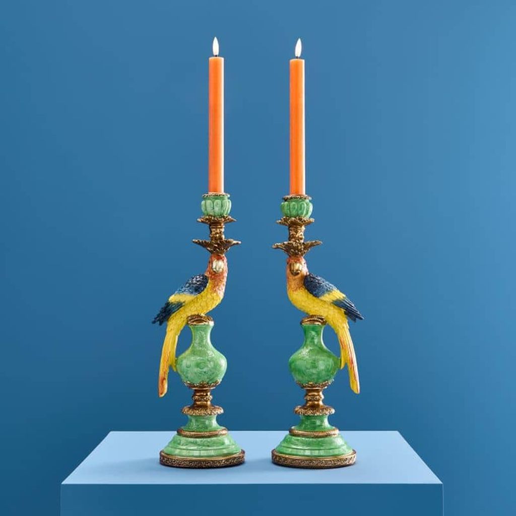 Set of 2 Parrot Candle Holders Green Art Sculptures Set of 2 Parrot Candle Holders Green Art Sculptures