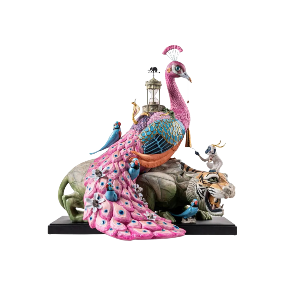 EPHEMERAL TREASURES SCULPTURE BY SPANISH ARTIST DULK, pink and gold porcelain peacock sculpture with tiger and monkey, full view EPHEMERAL TREASURES SCULPTURE BY SPANISH ARTIST DULK, pink and gold porcelain peacock sculpture with tiger and monkey, full view