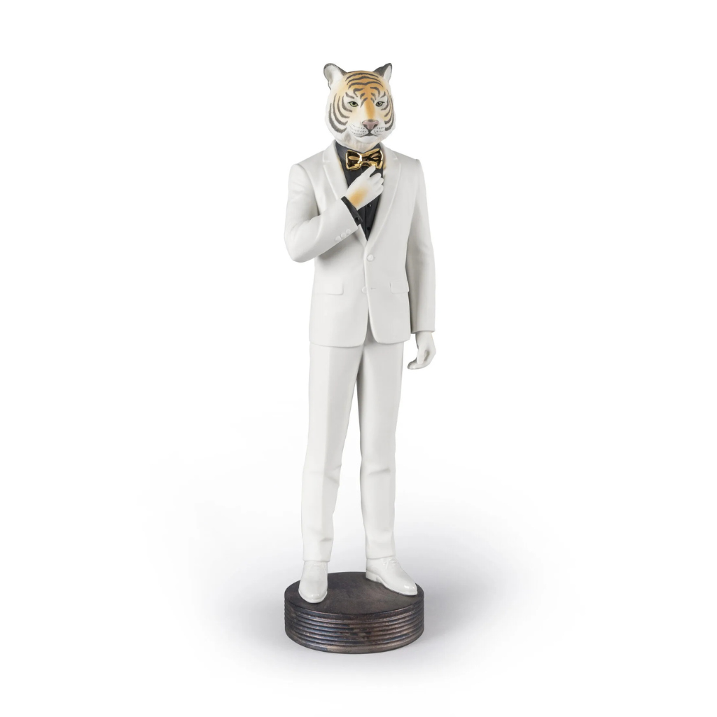 White, grey and gold matte porcelain TIGER MAN FIGURINE with golden luster glaze detail, handcrafted in Spain by sculptor Marco Antonio Noguerón, 17-inch luxury collectible figurine White, grey and gold matte porcelain TIGER MAN FIGURINE with golden luster glaze detail, handcrafted in Spain by sculptor Marco Antonio Noguerón, 17-inch luxury collectible figurine