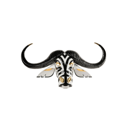 BUFFALO MASK BLACK GOLD handcrafted porcelain sculpture in white, black and gold by José Luis Santes