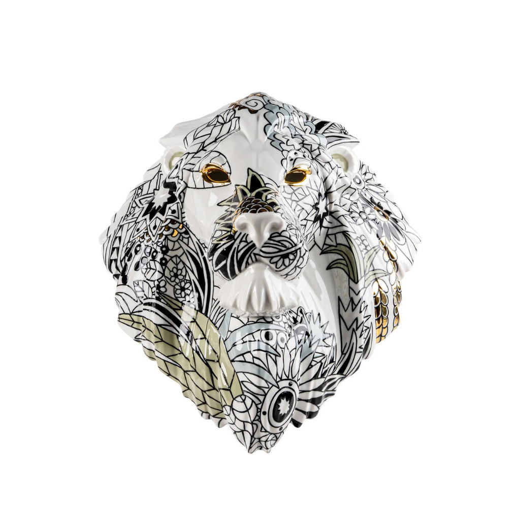 LION MASK WILD NATURE in white porcelain with black and gold luster detail — limited edition of 400 LION MASK WILD NATURE in white porcelain with black and gold luster detail — limited edition of 400