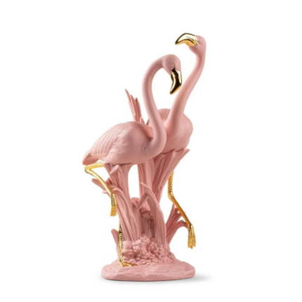THE FLAMINGOS SCULPTURE PINK by Lladró, matte finish with gold luster glaze, 12.99 inches tall