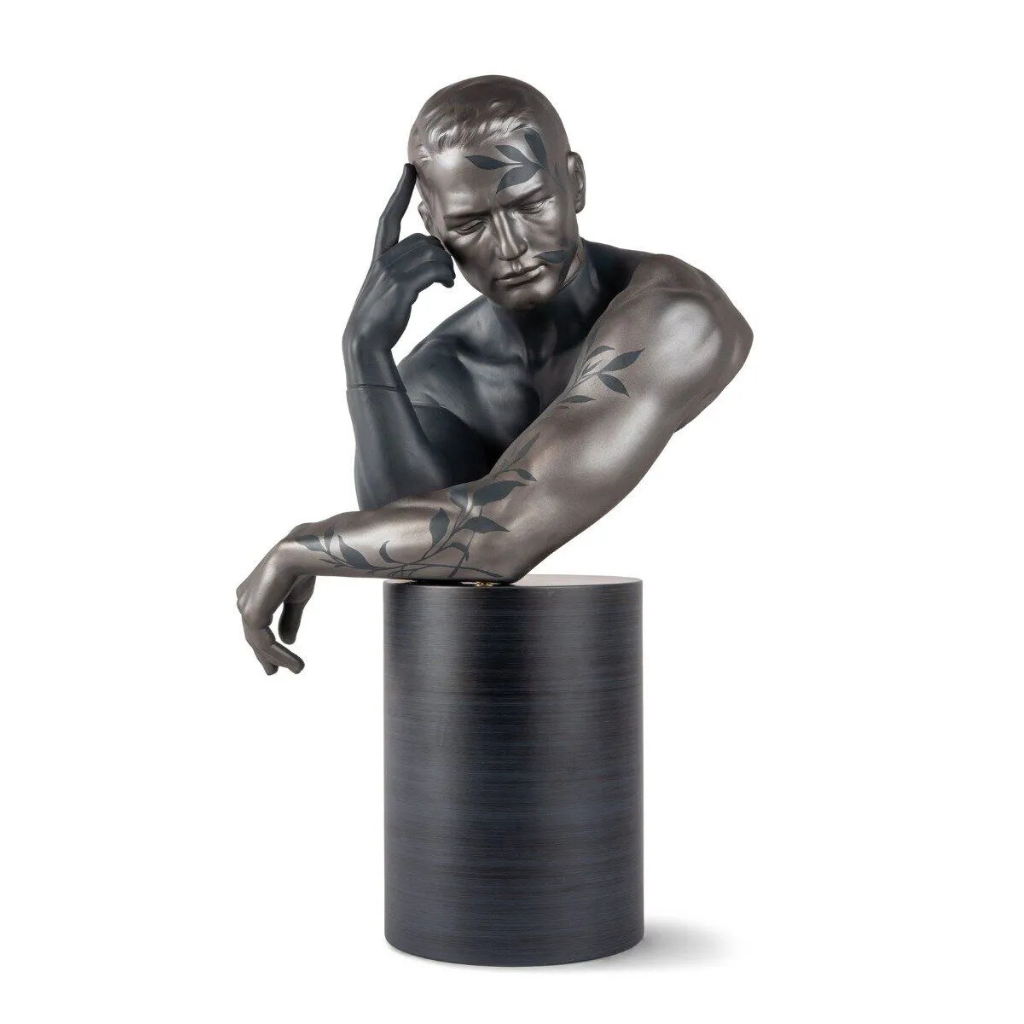 REFLECTIONS OF NATURE HIM SCULPTURE by Ernest Massuet with botanical shadow motifs on wooden pedestal REFLECTIONS OF NATURE HIM SCULPTURE by Ernest Massuet with botanical shadow motifs on wooden pedestal