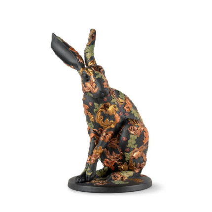 FOREST HARE SCULPTURE BY WILLIAM MORRIS in matte black porcelain with botanical plant motifs in green and copper