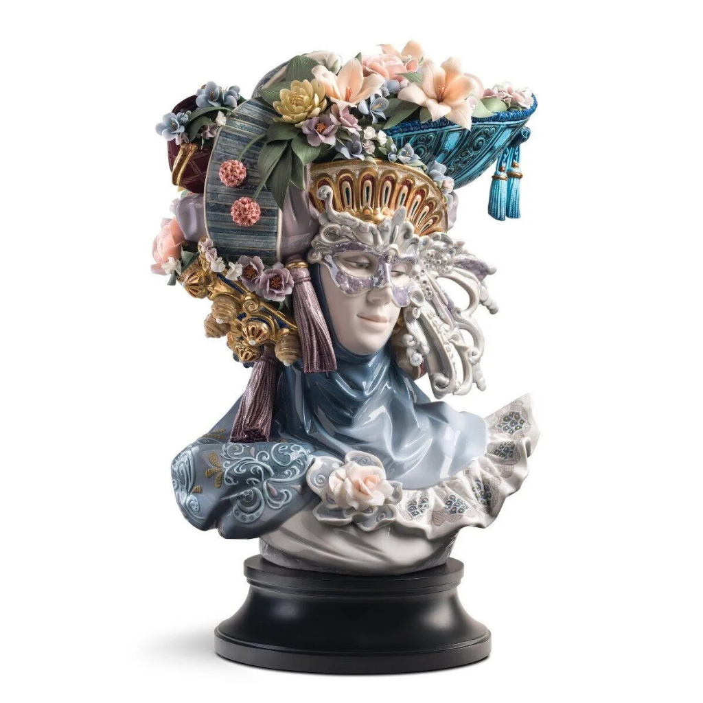 VENETIAN FANTASY WOMAN SCULPTURE with floral headdress and mask, gloss metallic luster, limited 750 units VENETIAN FANTASY WOMAN SCULPTURE with floral headdress and mask, gloss metallic luster, limited 750 units
