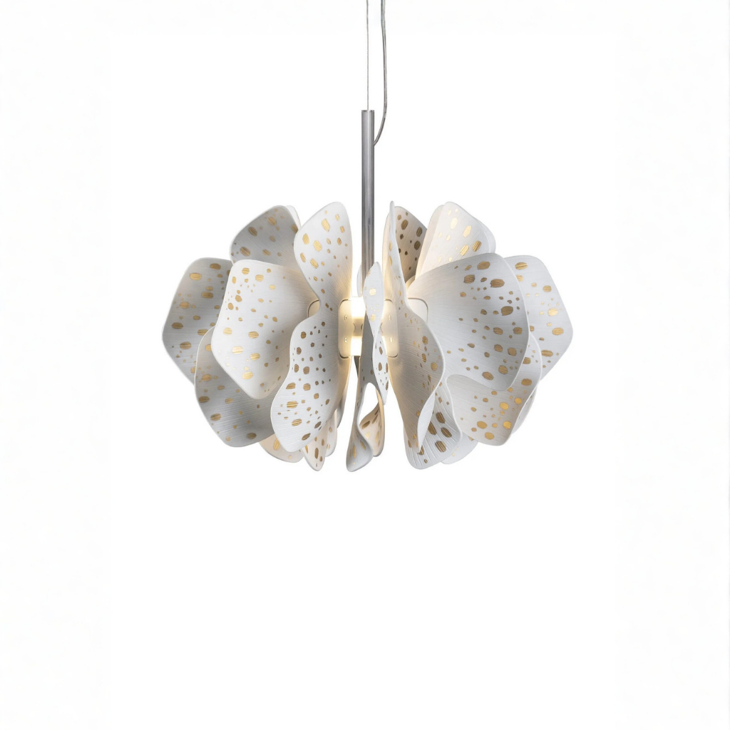 NIGHTBLOOM HANGING LAMP with gold dot perforations, brushed metal stem and rod, made in Spain NIGHTBLOOM HANGING LAMP with gold dot perforations, brushed metal stem and rod, made in Spain