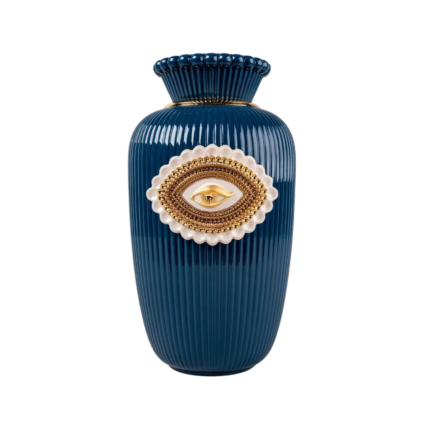 LOVER'S EYES VASE in Saxony blue with gold luster eye medallion and beaded neck, gloss finish, made in Spain