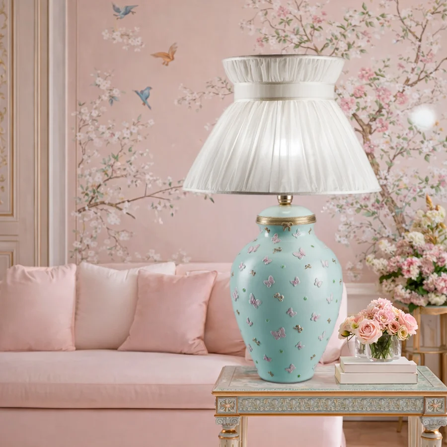 BUTTERFLY TABLE LAMP AQUAMARINE with all-over 24ct gold relief butterflies and white ruched organza shade, handmade in Italy BUTTERFLY TABLE LAMP AQUAMARINE with all-over 24ct gold relief butterflies and white ruched organza shade, handmade in Italy