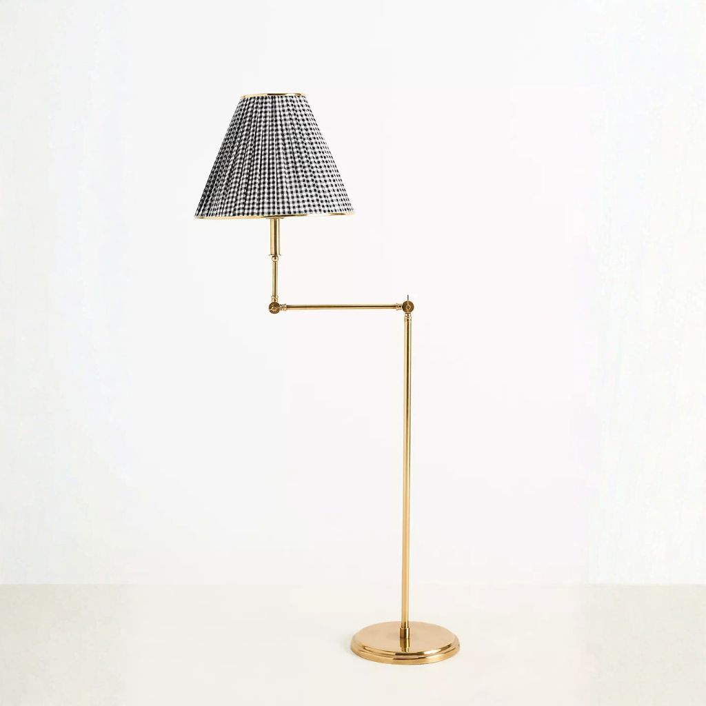 LEE RUCHED ARTICULATING BRASS FLOOR LAMP WITH PRINTED SHADE LEE RUCHED ARTICULATING BRASS FLOOR LAMP WITH PRINTED SHADE